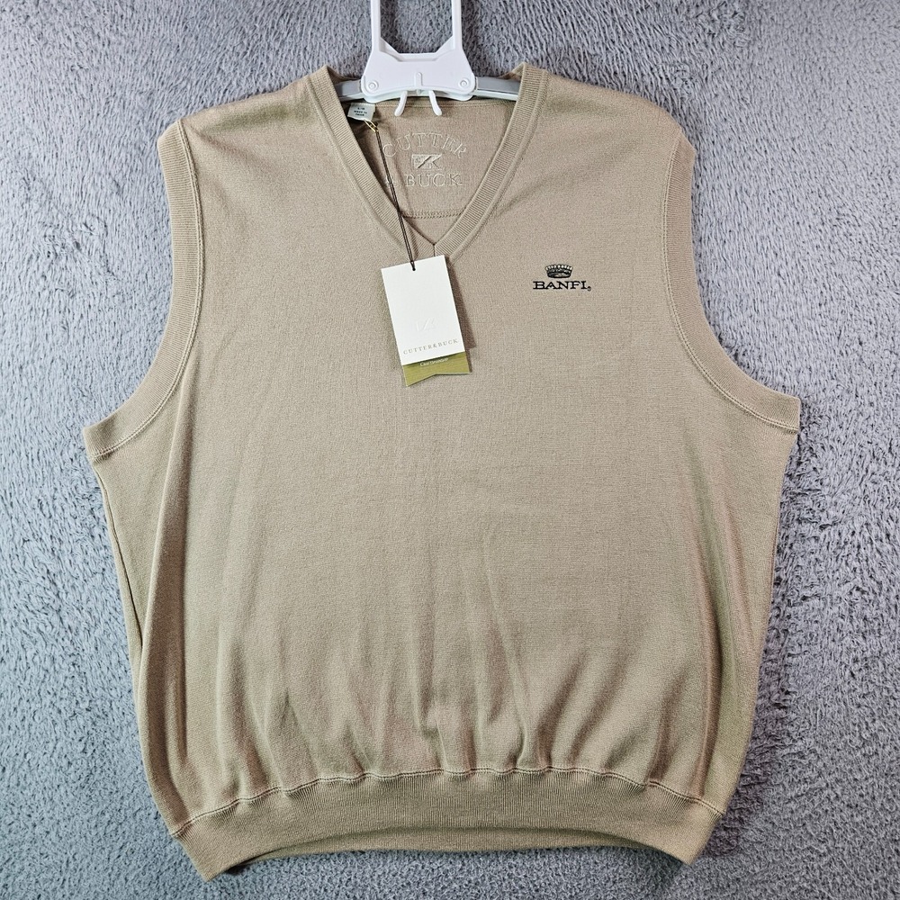 NWT - Cutter & Buck Vest Men Large Cotton Pullover Light Khaki Golf - NEW